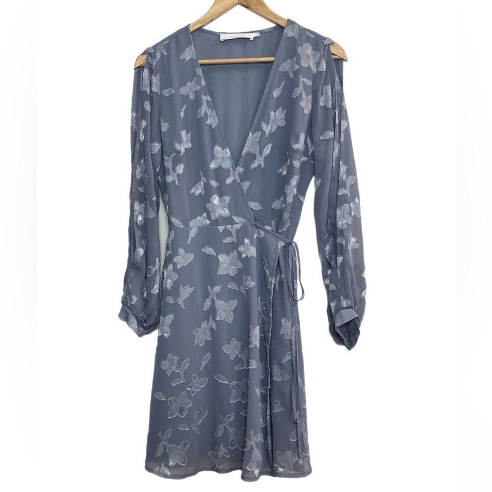 ASTR the label long sleeve slate blue wrap dress with burn out floral pattern